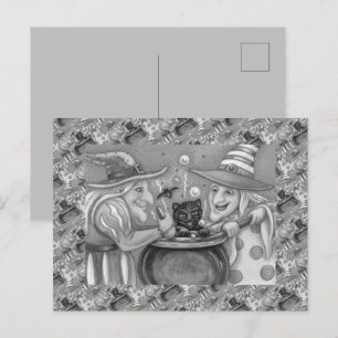 WITCH SISTERS, BLACK CAT & HALLOWEEN BREW HOLIDAY POSTCARD