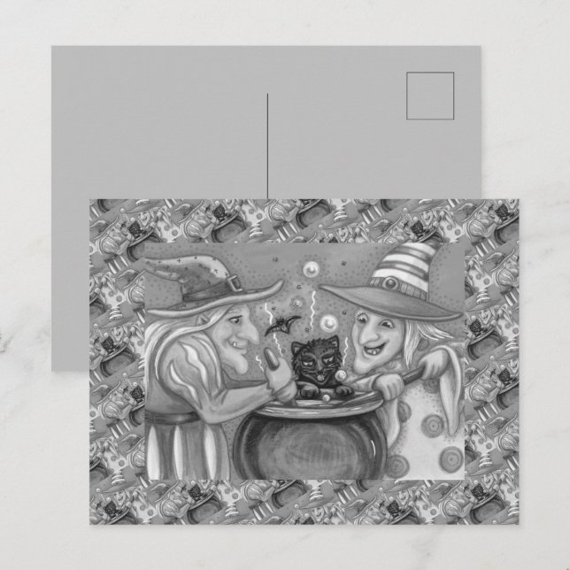 WITCH SISTERS, BLACK CAT & HALLOWEEN BREW HOLIDAY POSTCARD (Front/Back)