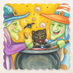 WITCH SISTERS, BLACK CAT & HALLOWEEN BREW PAPER COASTER