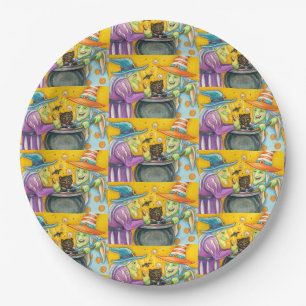 WITCH SISTERS, BLACK CAT & HALLOWEEN BREW PAPER PLATE