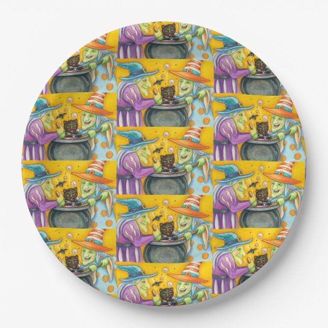 WITCH SISTERS, BLACK CAT & HALLOWEEN BREW PAPER PLATE (Front)