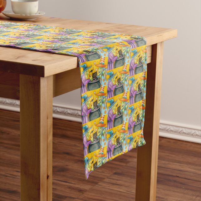 WITCH SISTERS, BLACK CAT & HALLOWEEN BREW SHORT TABLE RUNNER (In Situ)