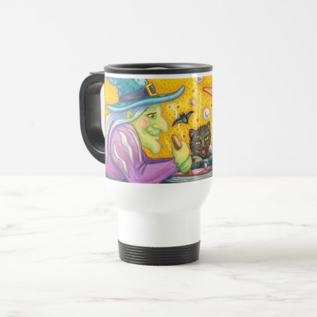 WITCH SISTERS & BLACK CAT HALLOWEEN TRAVEL MUG (Front Left)