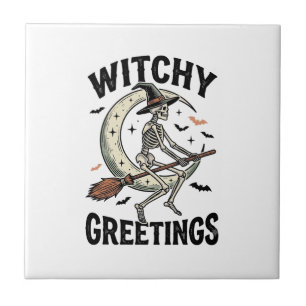 Witch Skeleton Graphic Witchy Greetings Vintage Ha Tile