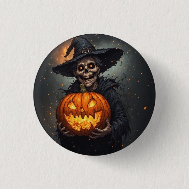 Witch Skeleton With Glowing Pumpkin Halloween 🎃 3 Cm Round Badge (Front)