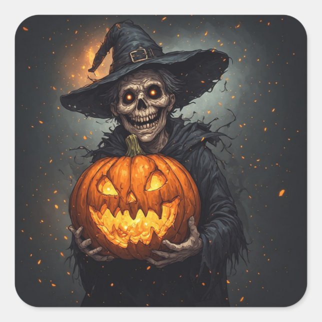 Witch Skeleton With Glowing Pumpkin Halloween 🎃 Square Sticker (Front)