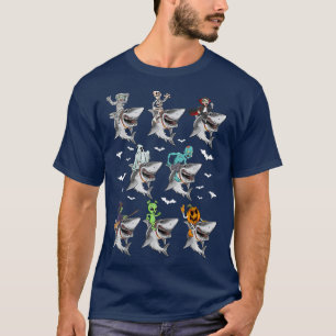 Witch Skeleton Zombie Mummy Vampire Riding Shark H T-Shirt