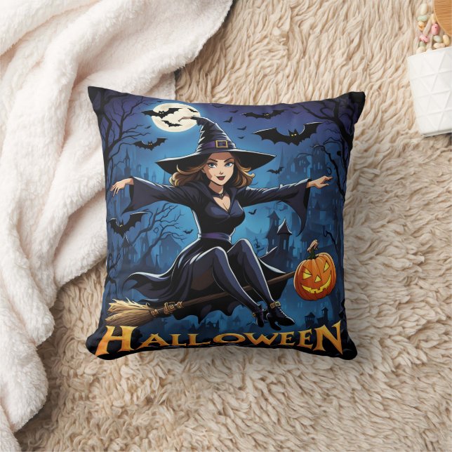 Witch soars over haunted town on Halloween Cushion (Blanket)