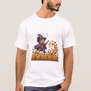 Witch Sweeping Autumn Leaves Halloween Art T-Shirt