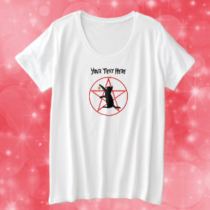 Witch Symbols Black Cat Red Pentagram Red Circle Plus Size T-Shirt