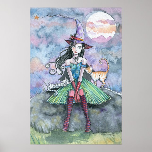 Witch Tabby Cats Moon Art Print Poster (Front)