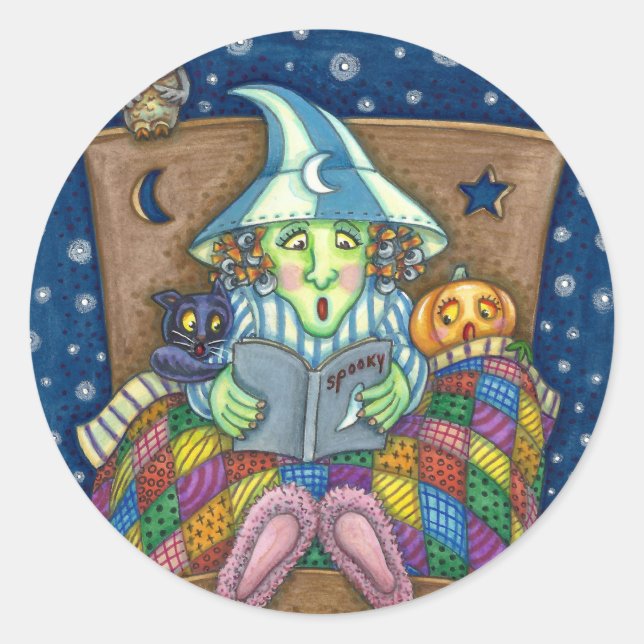 WITCH TELLING SPOOKY BEDTIME STORIES, HALLOWEEN CLASSIC ROUND STICKER (Front)