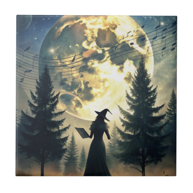 Witch Under Full Moon Enchanted Night Tile (Front)