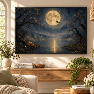 Witch Under Full Moon Gothic Halloween Lake Canvas Print