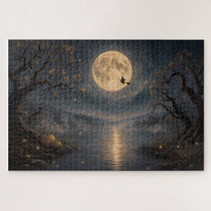 Witch Under Full Moon Gothic Halloween Lake Jigsaw Puzzle