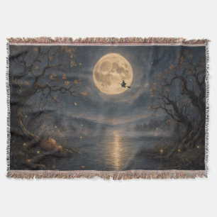 Witch Under Full Moon Gothic Halloween Lake Throw Blanket