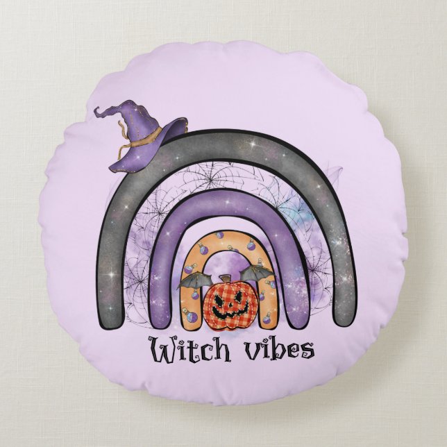 Witch Vibes – Black Rainbow, Purple Witch Hat Round Cushion (Front)