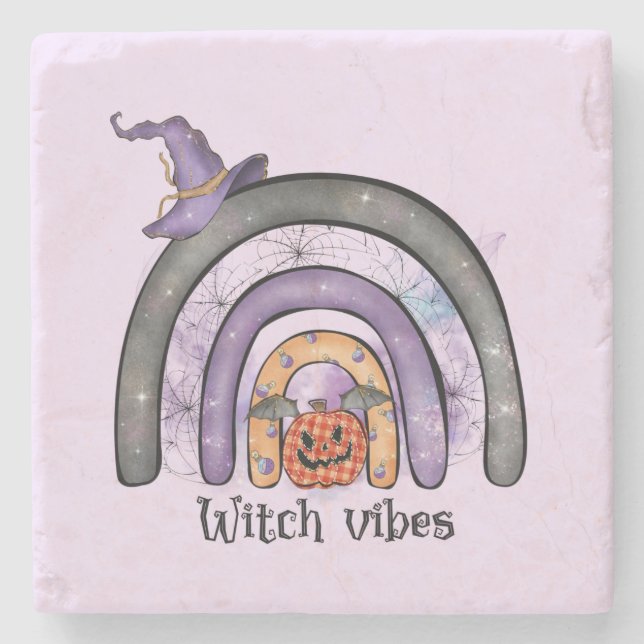 Witch Vibes – Black Rainbow, Purple Witch Hat Stone Coaster (Front)