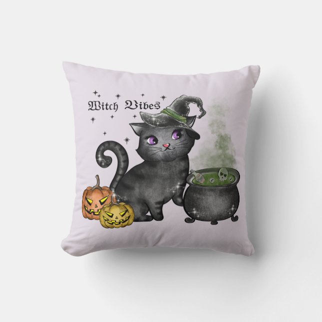Witch Vibes – Cute Black Cat with Cauldron Cushion (Front)