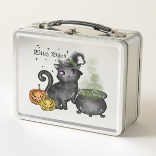 Witch Vibes – Cute Black Cat with Cauldron Metal Lunch Box