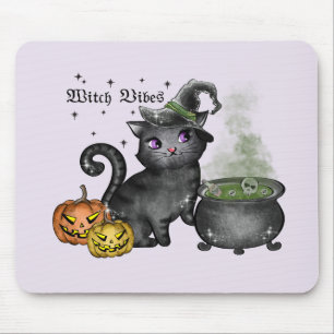 Witch Vibes – Cute Black Cat with Cauldron Mouse Pad
