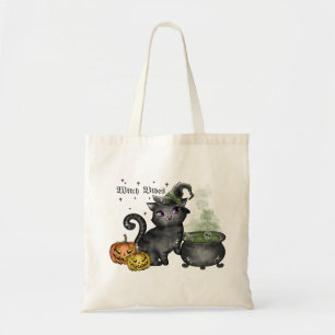 Witch Vibes – Cute Black Cat with Cauldron Tote Bag