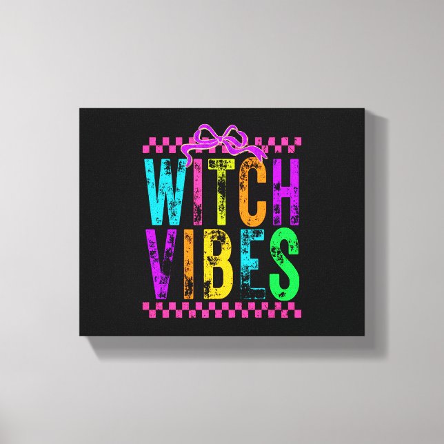 Witch Vibes Halloween Neon Checkered Bow Canvas Print (Front)