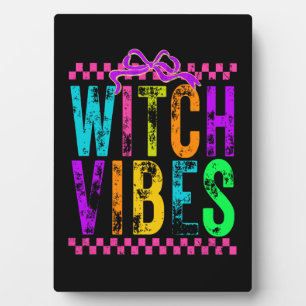 Witch Vibes Halloween Neon Checkered Bow Plaque