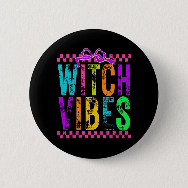 Witch Vibes Halloween Neon Chequered Bow 6 Cm Round Badge (Front)