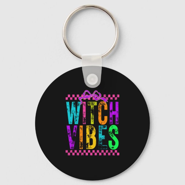 Witch Vibes Halloween Neon Chequered Bow Key Ring (Front)