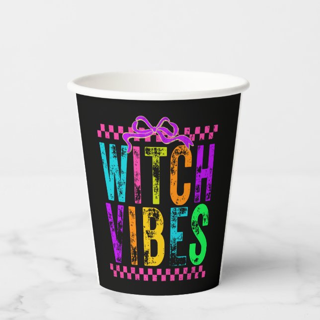 Witch Vibes Halloween Neon Chequered Bow Paper Cups (Front)