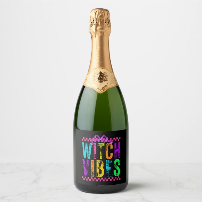 Witch Vibes Halloween Neon Chequered Bow Sparkling Wine Label (Front)