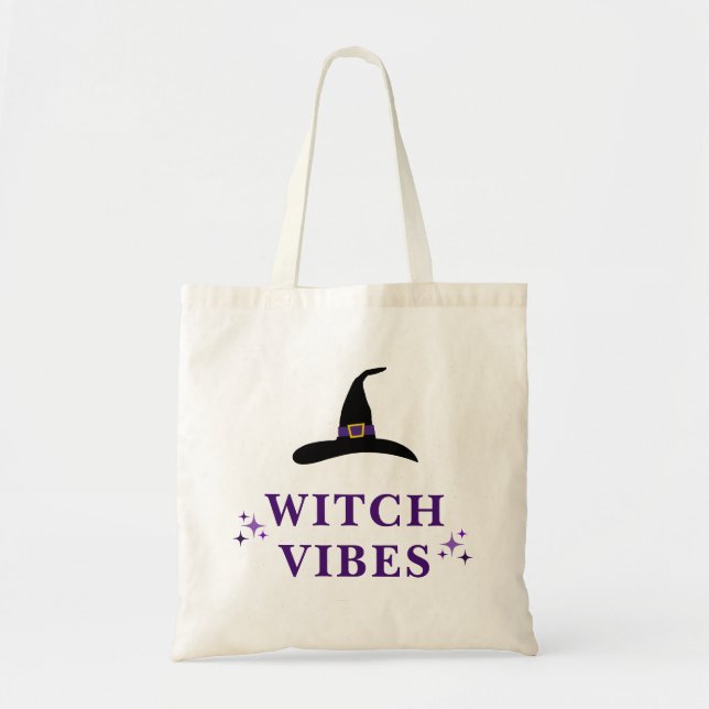 Witch Vibes Witch Hat Halloween Purple Typography Tote Bag (Front)