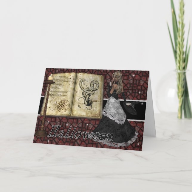 Witch w/Book of Spells Halloween Greeting Card (Front)