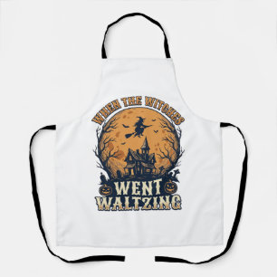 Witch Waltzing Halloween Vintage Engraving Design_ Apron
