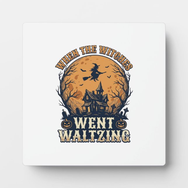 Witch Waltzing Halloween Vintage Engraving Design_ Plaque (Front)