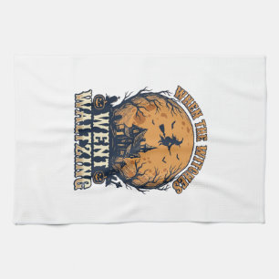 Witch Waltzing Halloween Vintage Engraving Design_ Tea Towel