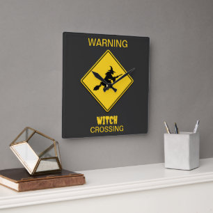 Witch Warning Halloween Square Wall Clock