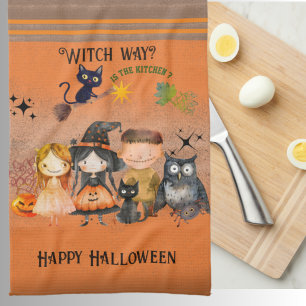 Witch Way Halloween Orange Tea Towel