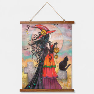 Witch Way Halloween Witch and Cat Art  Hanging Tapestry