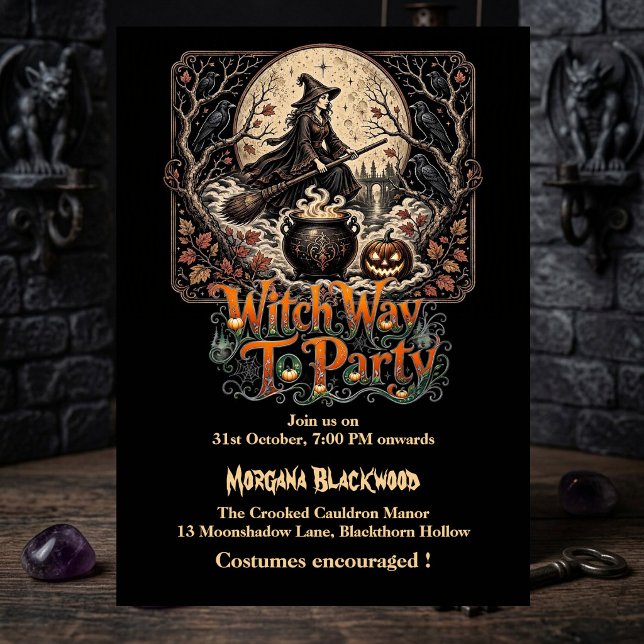Witch Way to Party Full Moon Magic Cauldron Gothic Invitation (Witch Way to Party Full Moon Magic Cauldron Gothic Invitation)