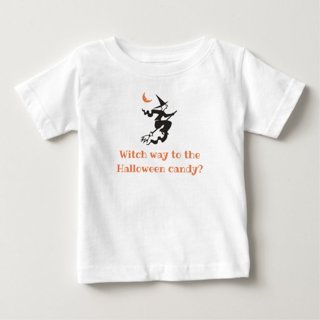 Witch Way To The Candy Cute Halloween Baby T-Shirt (Front)