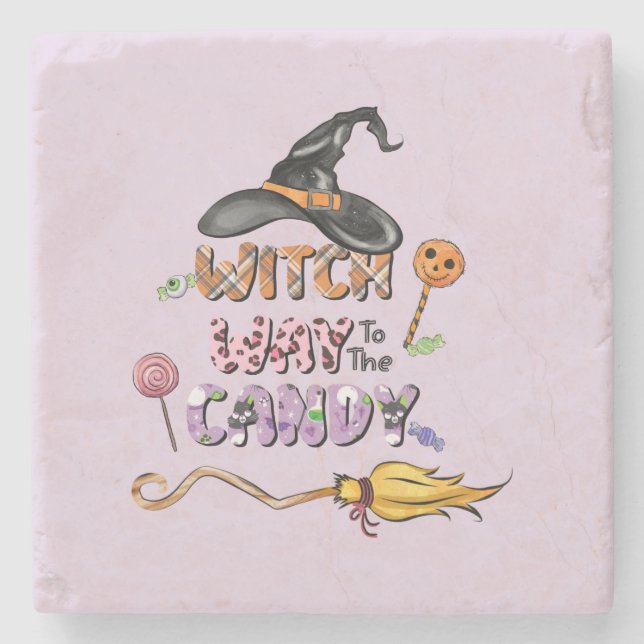 Witch Way to the Candy – Fun Halloween Stone Coaster (Front)