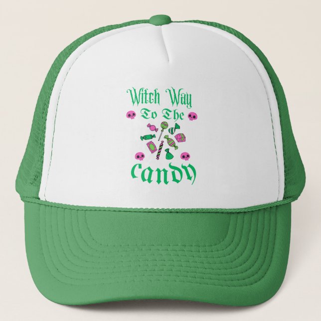 Witch way to the candy - spooky Halloween  Trucker Hat (Front)