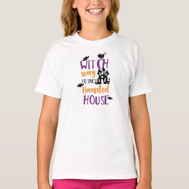 Witch Way To The Haunted House, Bats, Halloween T-Shirt (Front)