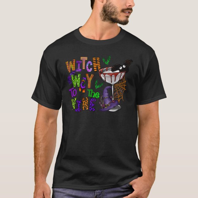 Witch Way To The Wine  Halloween Drinking Wine T-Shirt (Front)