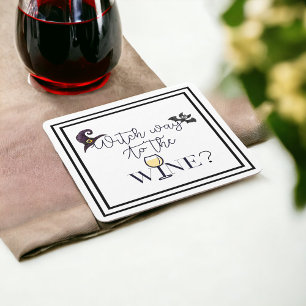 Witch Way to the Wine Witch Hat Bat Wine Glass Square Paper Coaster