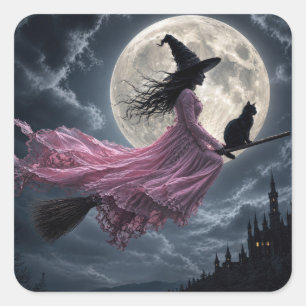 Witch Wearing a Pink Dress on a Broomstick Square Sticker