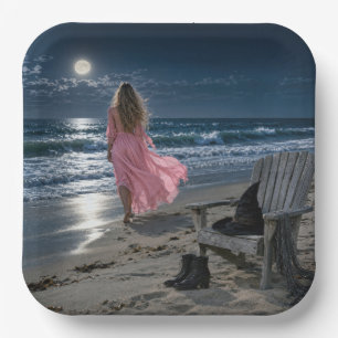 Witch Wearing a Pink Dress on a Moonlit Beach Paper Plate