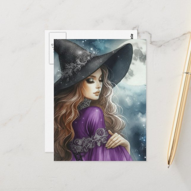 Witch Wearing Black and Purple and a Full Moon  Postcard (Front/Back In Situ)